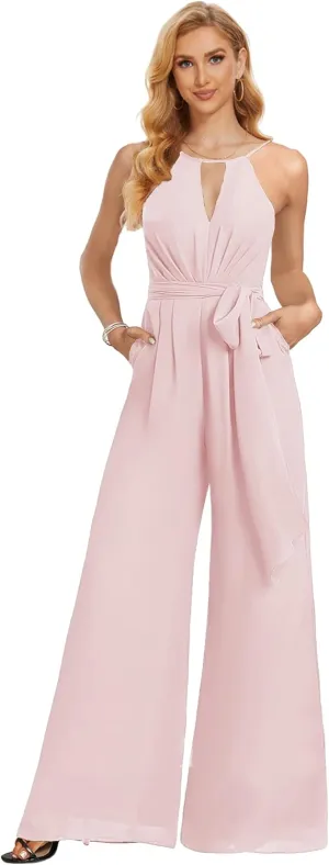Chiffon Long Jumpsuits for Women Halter Formal Rompers with Pockets Belt Wide Leg Pants One Piece Outfits