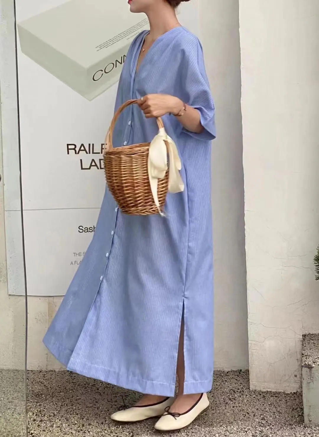 chouyatou Women Summer Short Sleeve Belted Striped Shirt Dress Cotton Casual Maxi Long Button Down Dress