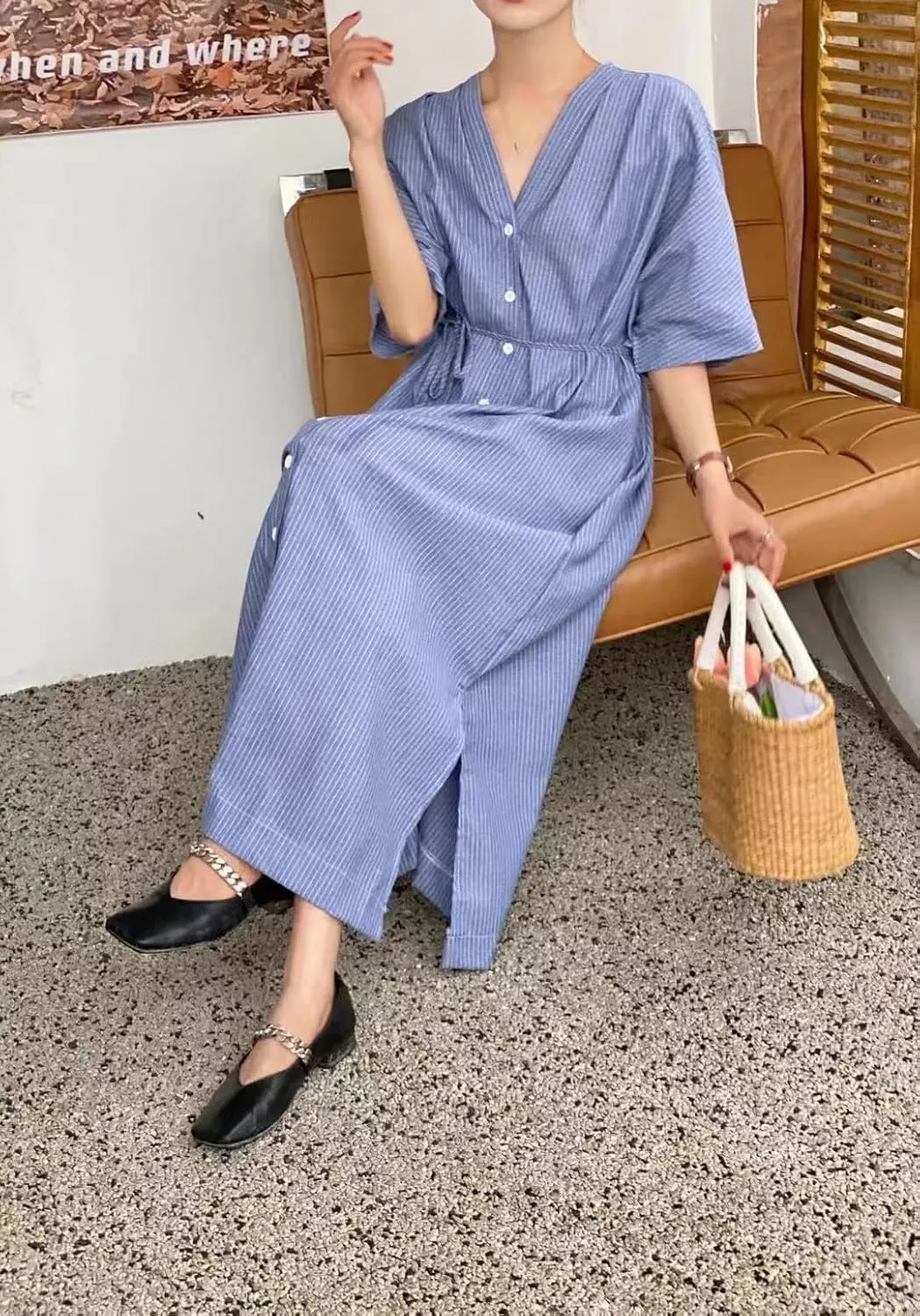 chouyatou Women Summer Short Sleeve Belted Striped Shirt Dress Cotton Casual Maxi Long Button Down Dress