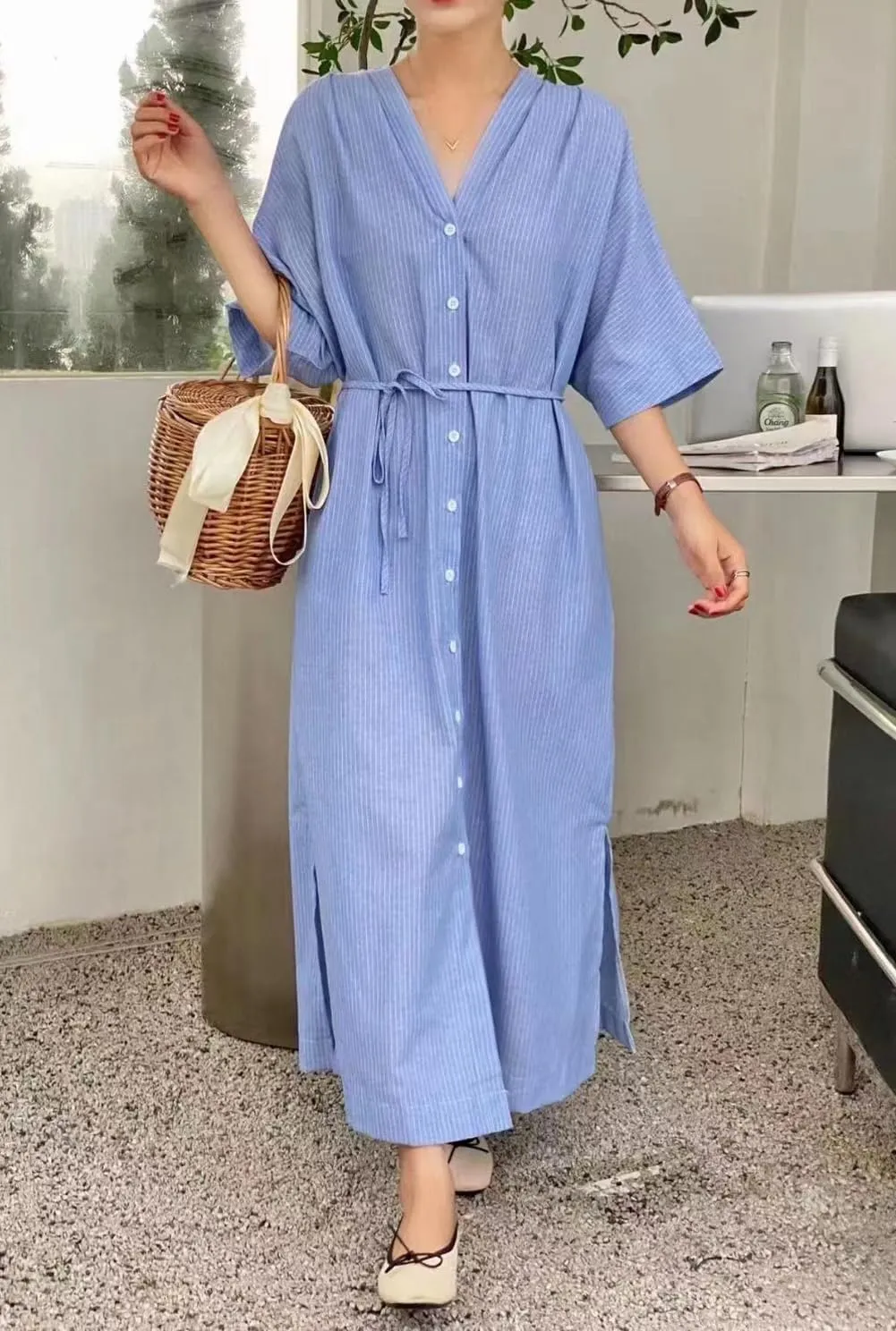 chouyatou Women Summer Short Sleeve Belted Striped Shirt Dress Cotton Casual Maxi Long Button Down Dress