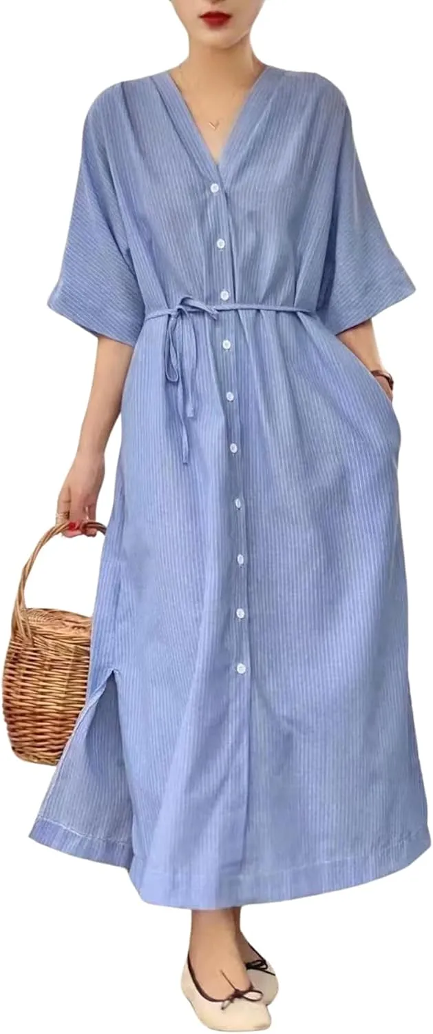chouyatou Women Summer Short Sleeve Belted Striped Shirt Dress Cotton Casual Maxi Long Button Down Dress