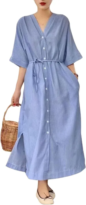 chouyatou Women Summer Short Sleeve Belted Striped Shirt Dress Cotton Casual Maxi Long Button Down Dress