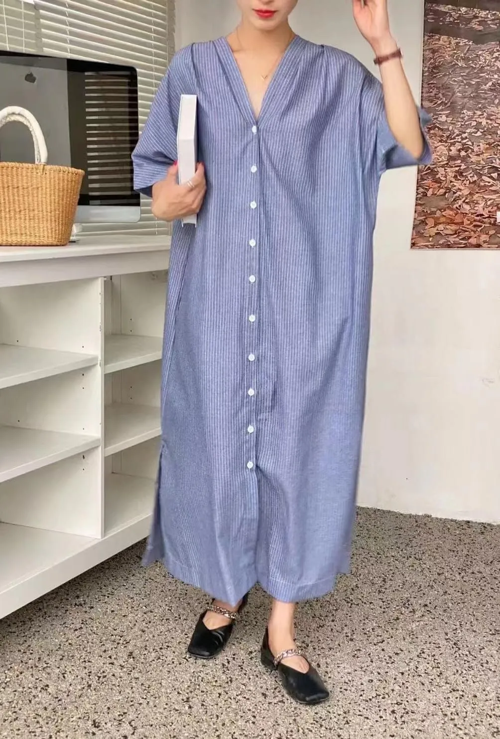 chouyatou Women Summer Short Sleeve Belted Striped Shirt Dress Cotton Casual Maxi Long Button Down Dress