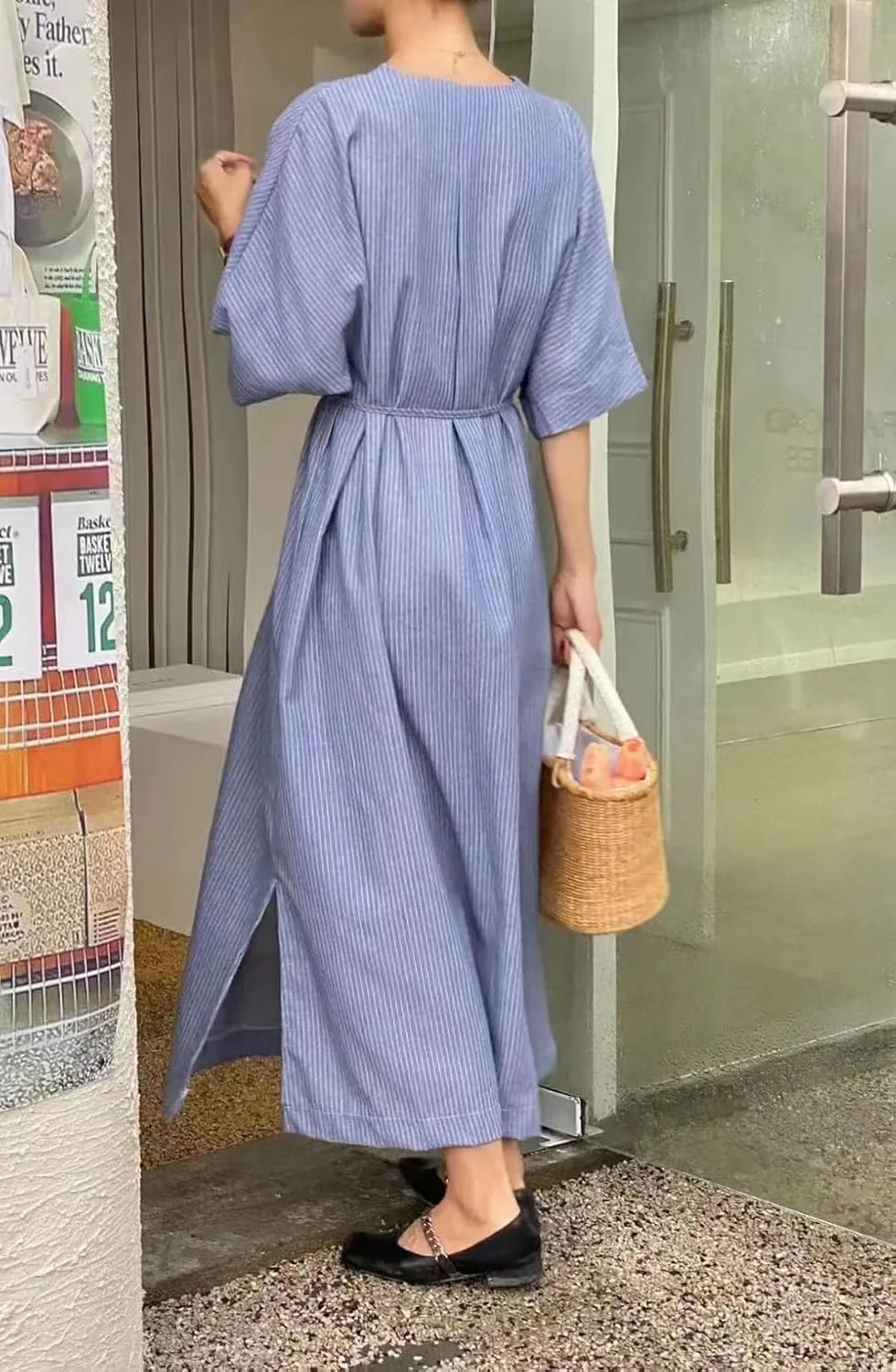 chouyatou Women Summer Short Sleeve Belted Striped Shirt Dress Cotton Casual Maxi Long Button Down Dress