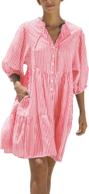 chouyatou Women's Summer V-Neck Casual Striped Midi Shirt Dress Tiered Boho Beach Tunic Babydoll Dress
