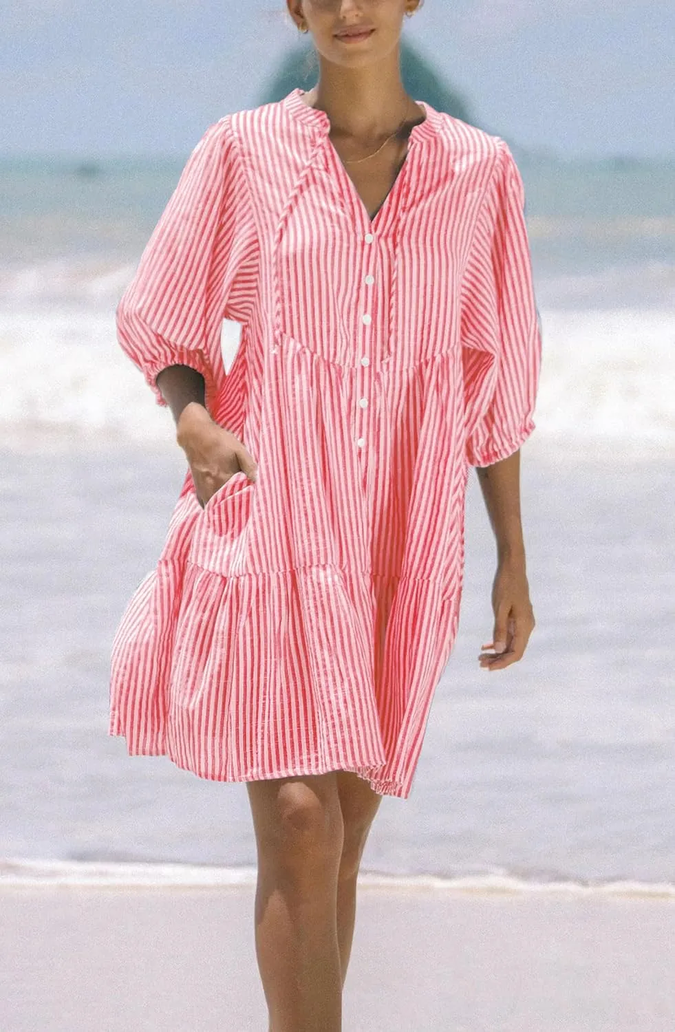 chouyatou Women's Summer V-Neck Casual Striped Midi Shirt Dress Tiered Boho Beach Tunic Babydoll Dress