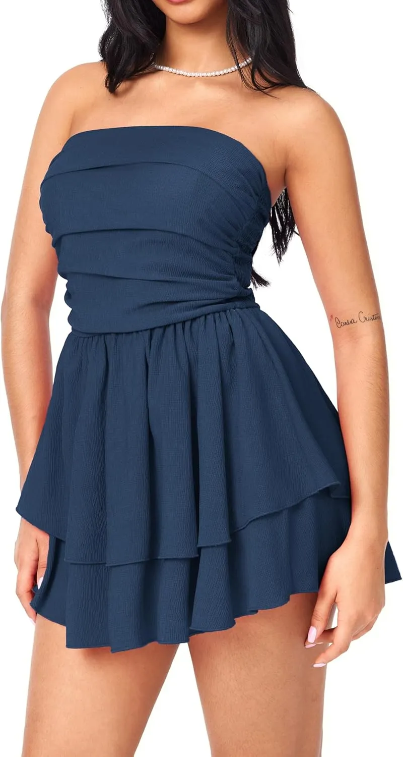 CIDER Women's Summer Cocktail Dress - Tube Ruched Ruffle Mini Dress
