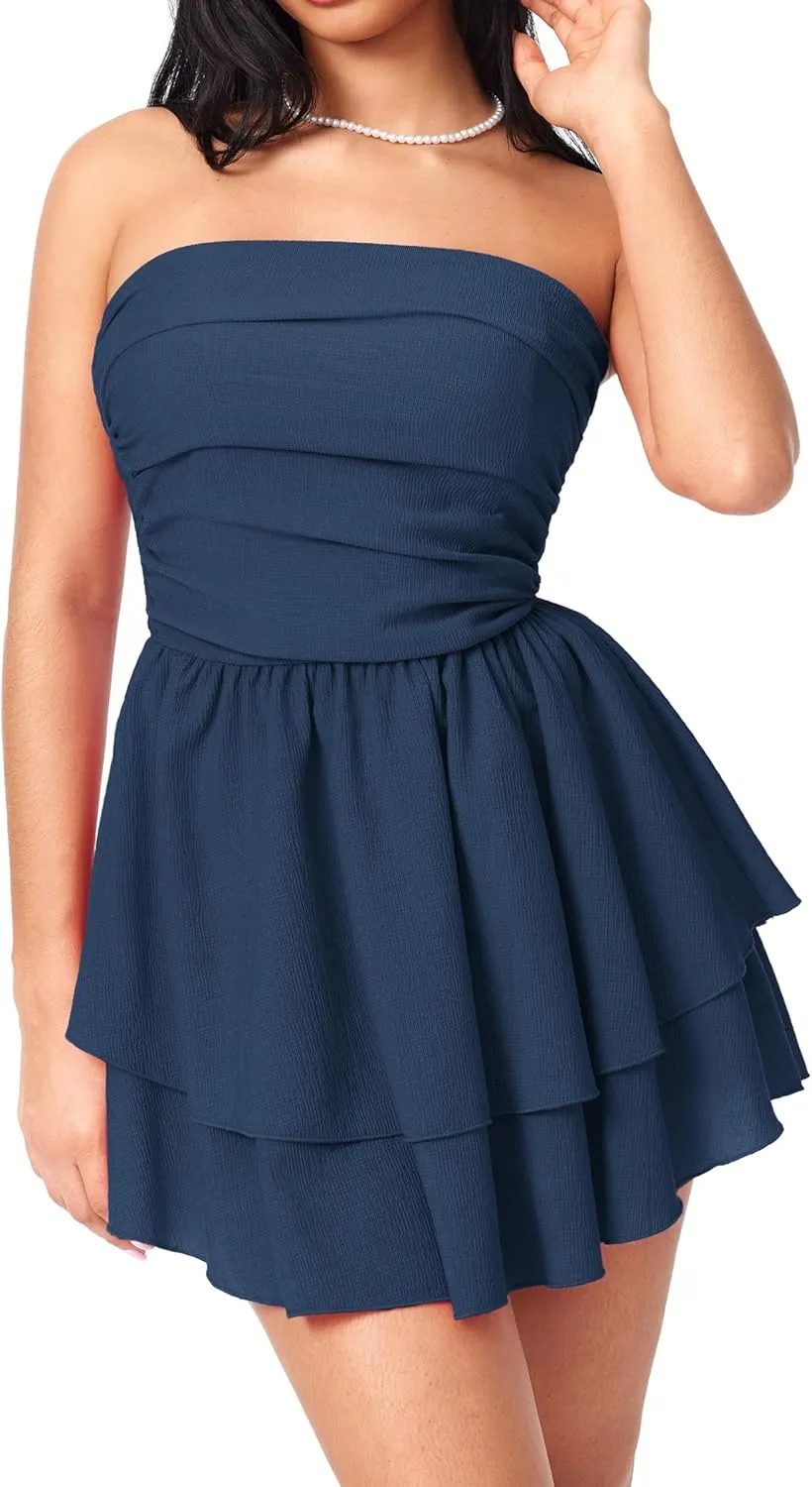 CIDER Women's Summer Cocktail Dress - Tube Ruched Ruffle Mini Dress