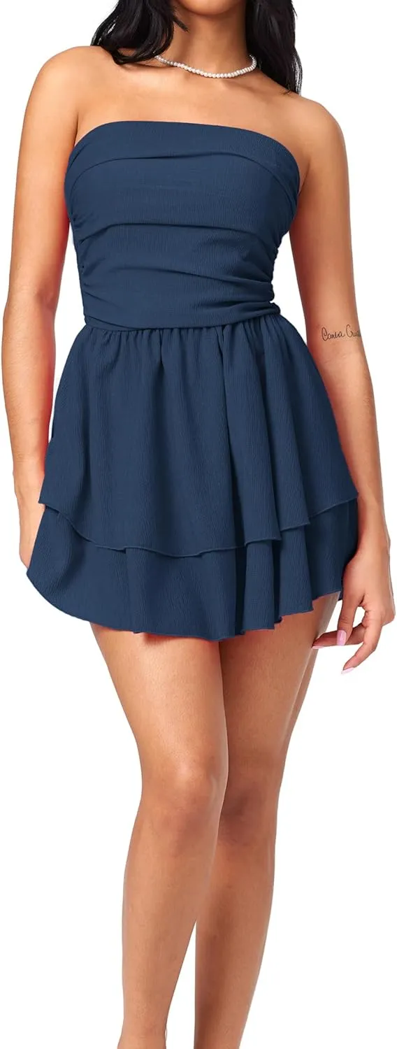 CIDER Women's Summer Cocktail Dress - Tube Ruched Ruffle Mini Dress