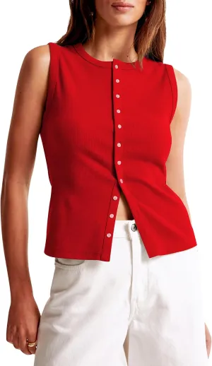 Cioatin Women Ribbed Button Down Tank Tops Sleeveless Crew Neck Slim Fit Open Front Crop Vest Going Out Y2K Clothes