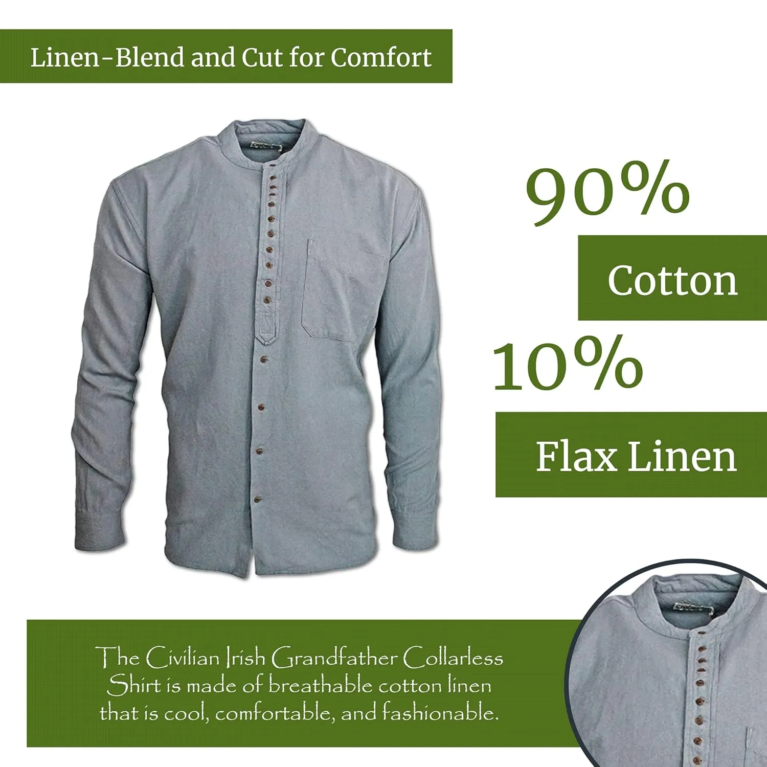 Civilian Irish Grandfather Collarless Shirt, Cotton and Linen Long-Sleeve Traditional Irish Shirt