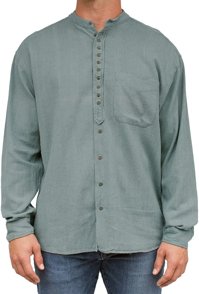 Civilian Irish Grandfather Collarless Shirt, Cotton and Linen Long-Sleeve Traditional Irish Shirt