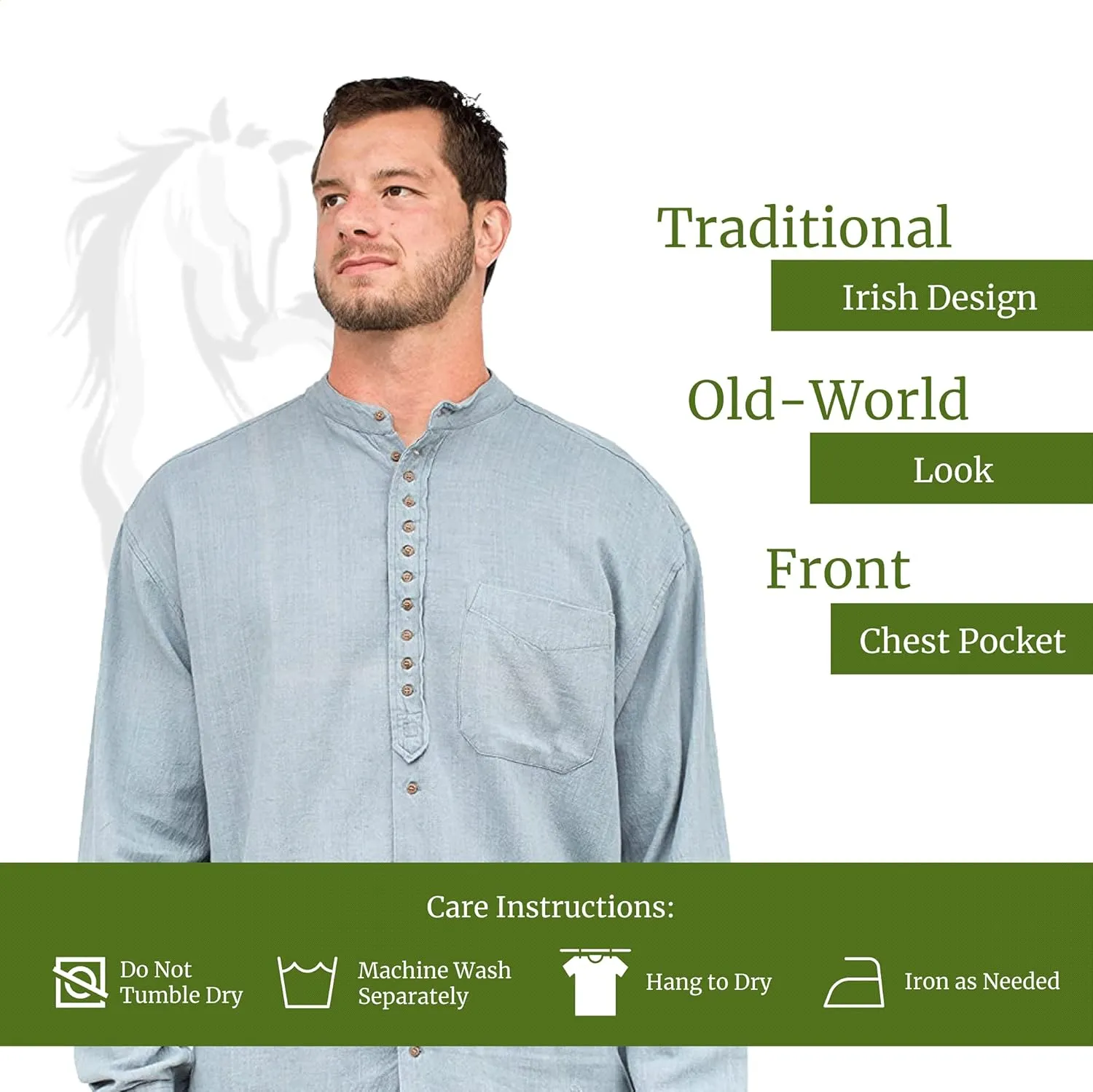 Civilian Irish Grandfather Collarless Shirt, Cotton and Linen Long-Sleeve Traditional Irish Shirt