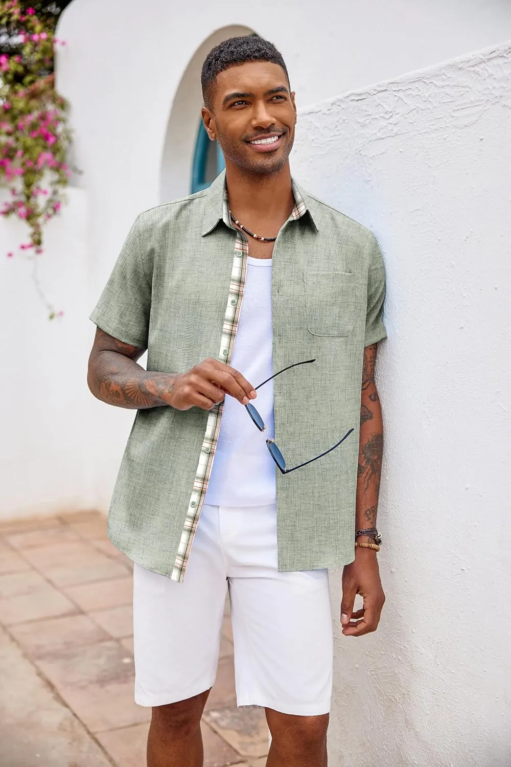 COOFANDY Men's Button Down Shirts Short Sleeve Casual Shirts Summer Beach Shirts Vacation Wedding Shirts with Pocket