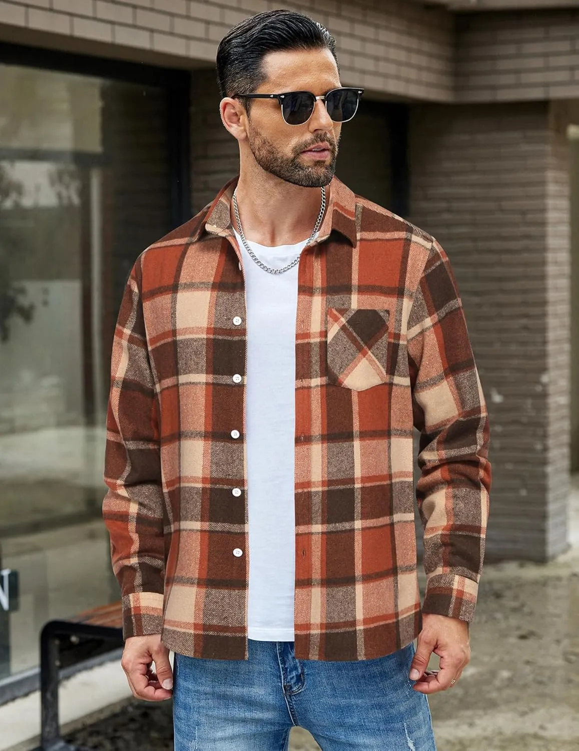 COOFANDY Mens Flannel Shirt Long Sleeve Lightweight Plaid Shirt Casual Button Down Shirts Jacket