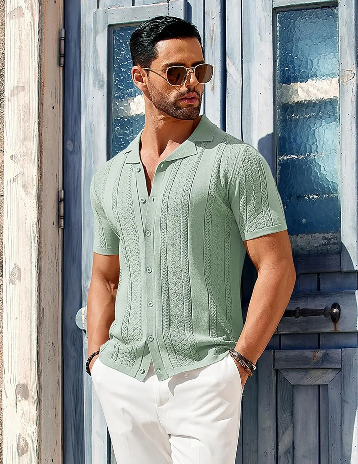 COOFANDY Men's Knit Shirts Vintage Short Sleeve Button Down Shirt Casual Summer Beach Shirt