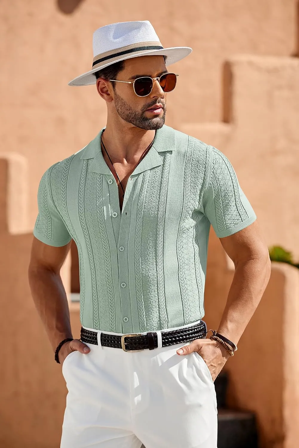 COOFANDY Men's Knit Shirts Vintage Short Sleeve Button Down Shirt Casual Summer Beach Shirt