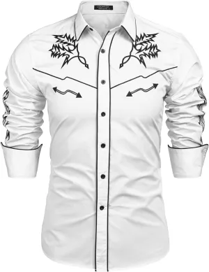 COOFANDY Men's Western Cowboy Shirt Long Sleeve Embroidered Shirt Slim Fit Cotton Casual Button Down Shirt