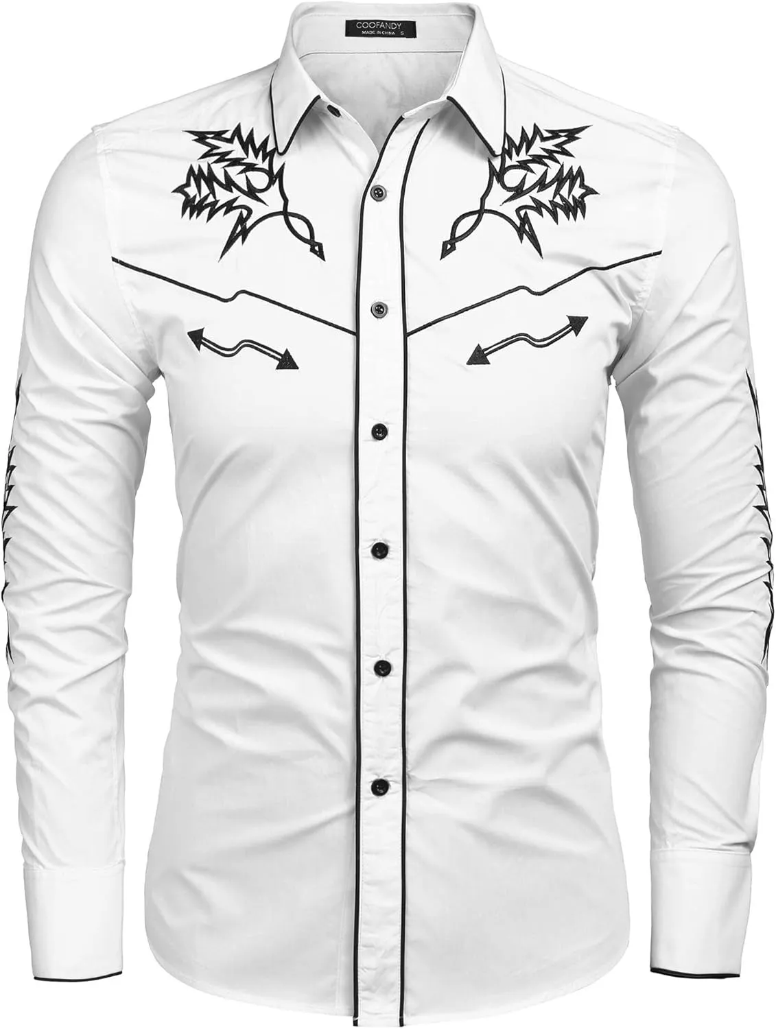 COOFANDY Men's Western Cowboy Shirt Long Sleeve Embroidered Shirt Slim Fit Cotton Casual Button Down Shirt