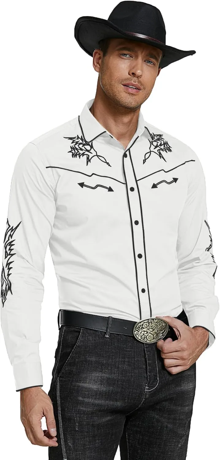 COOFANDY Men's Western Cowboy Shirt Long Sleeve Embroidered Shirt Slim Fit Cotton Casual Button Down Shirt