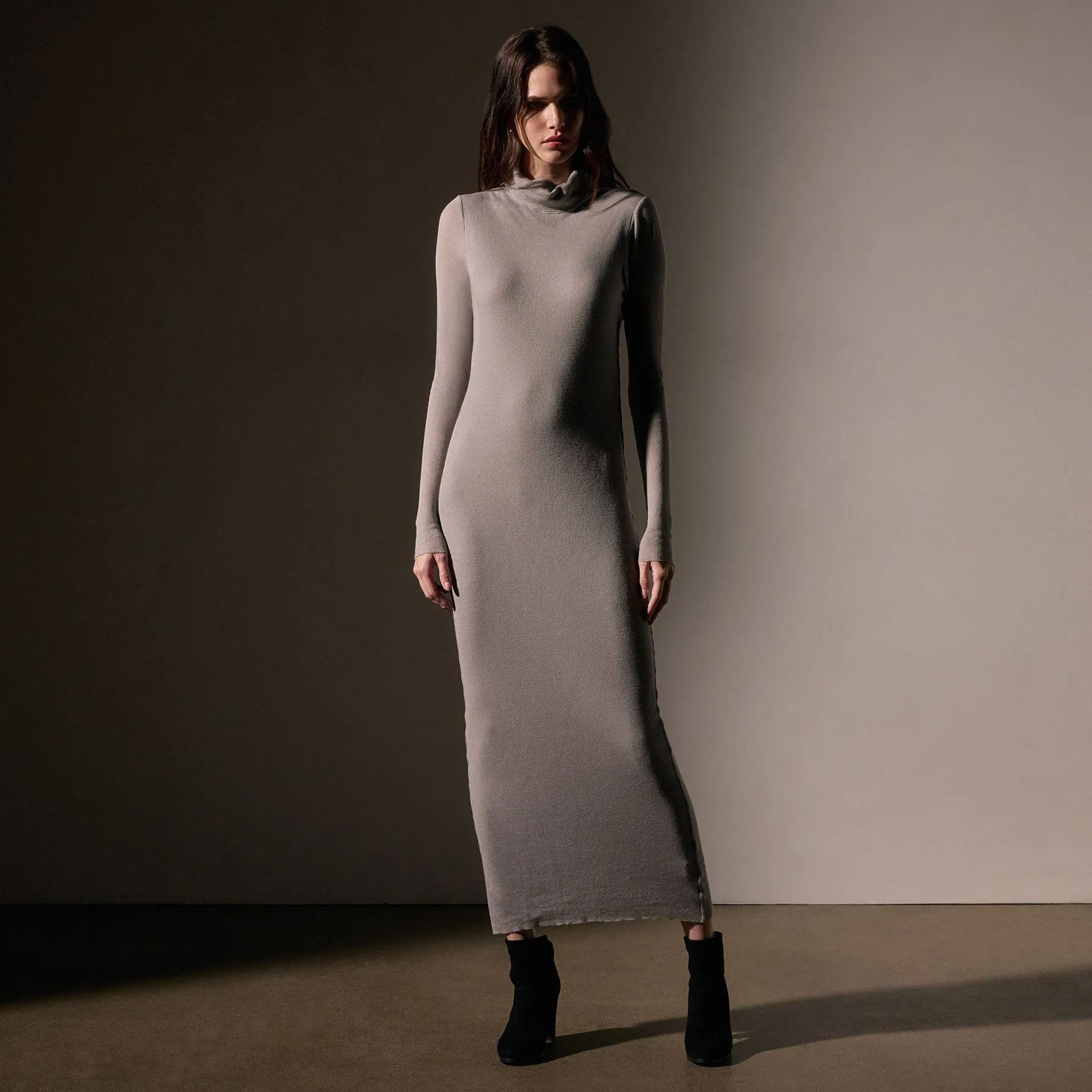 Cotton Cashmere Blend Rib Funnel Neck Dress - Dapple