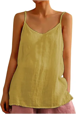 Cotton Linen Camisole Tops for Women Summer Lightweight Spaghetti Strap Tank Top Boat Neck Sleeveless Cami Shirts