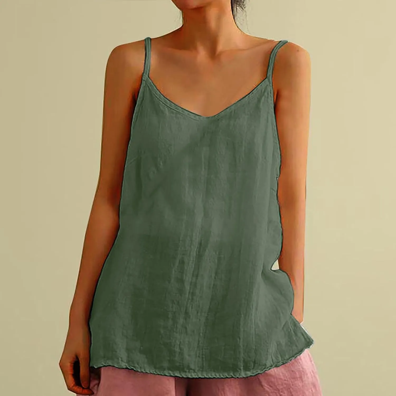 Cotton Linen Tank Tops for Women Spaghetti Strap Casual Sleeveless Summer T Shirts Comfy Breathable Loose Blouse