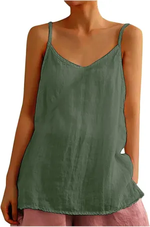 Cotton Linen Tank Tops for Women Spaghetti Strap Casual Sleeveless Summer T Shirts Comfy Breathable Loose Blouse