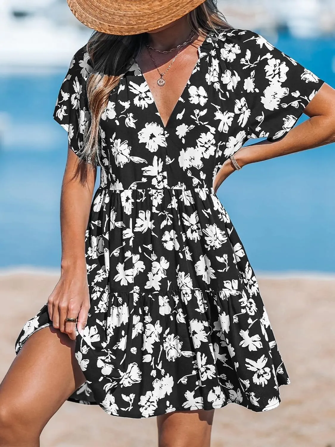 CUPSHE Women's Floral Notched V Neck Short Dress Ruffle A Line Short Sleeve Summer Mini Dresses