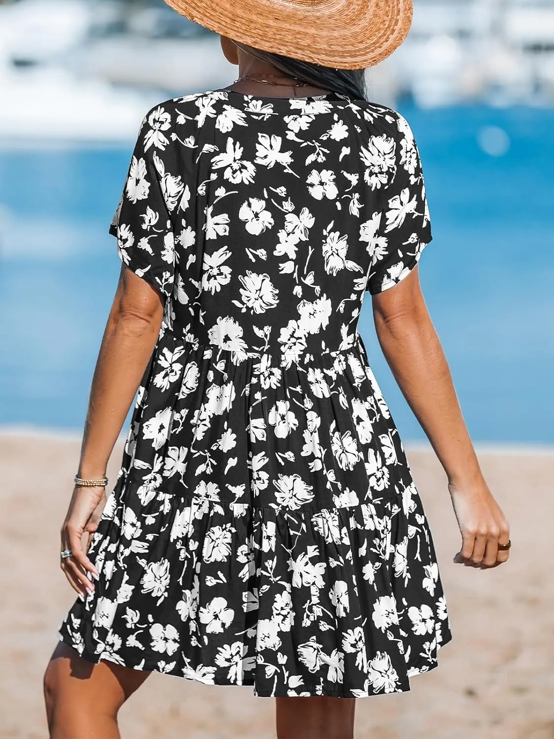 CUPSHE Women's Floral Notched V Neck Short Dress Ruffle A Line Short Sleeve Summer Mini Dresses