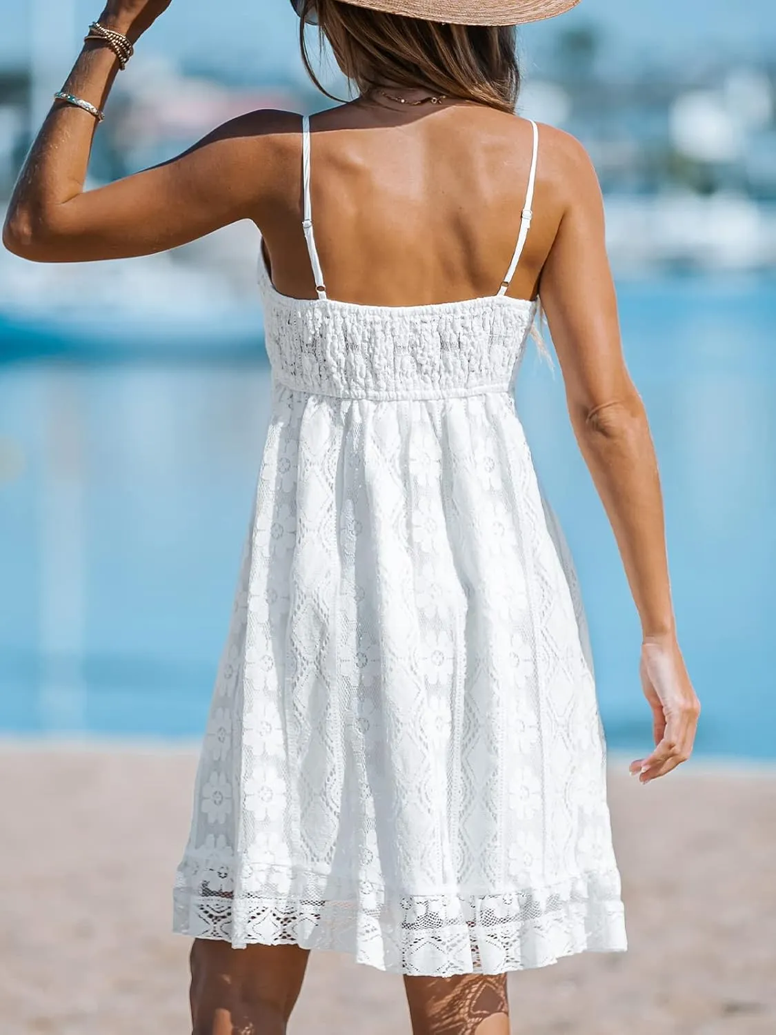 CUPSHE Women's Mini Dress Lace Boho Tassel V-Neck Flare Ruffle Adjustable Straps Beach Summer Short Dress