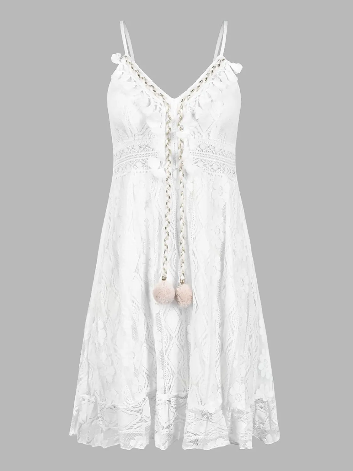 CUPSHE Women's Mini Dress Lace Boho Tassel V-Neck Flare Ruffle Adjustable Straps Beach Summer Short Dress