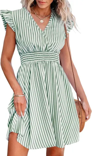 CUPSHE Women's Mini Dress V Neck Flutter Sleeve Striped Smocked Waist A Line Short Summer Cocktail Dress