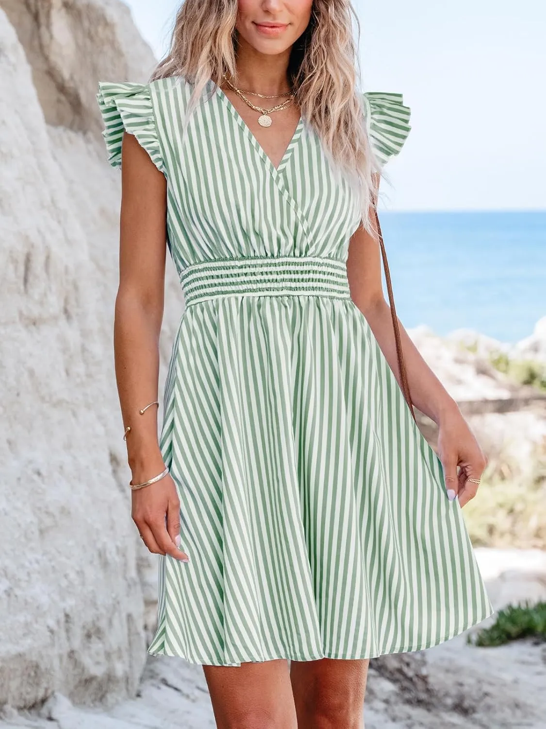 CUPSHE Women's Mini Dress V Neck Flutter Sleeve Striped Smocked Waist A Line Short Summer Cocktail Dress