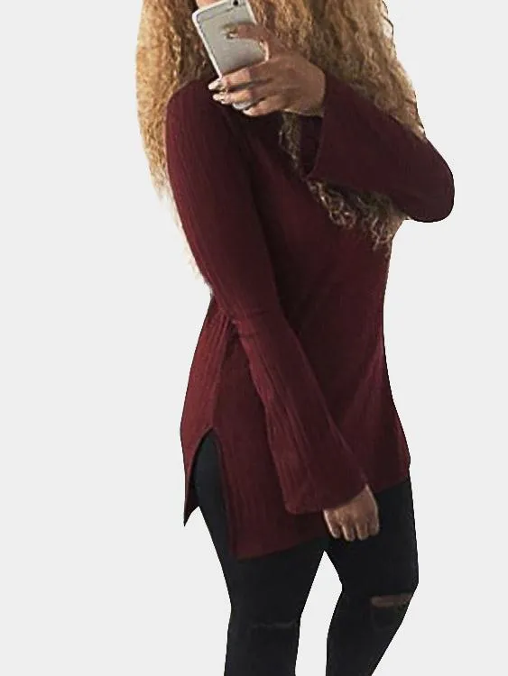 Custom Plain Long Sleeve Slit Hem T-Shirts