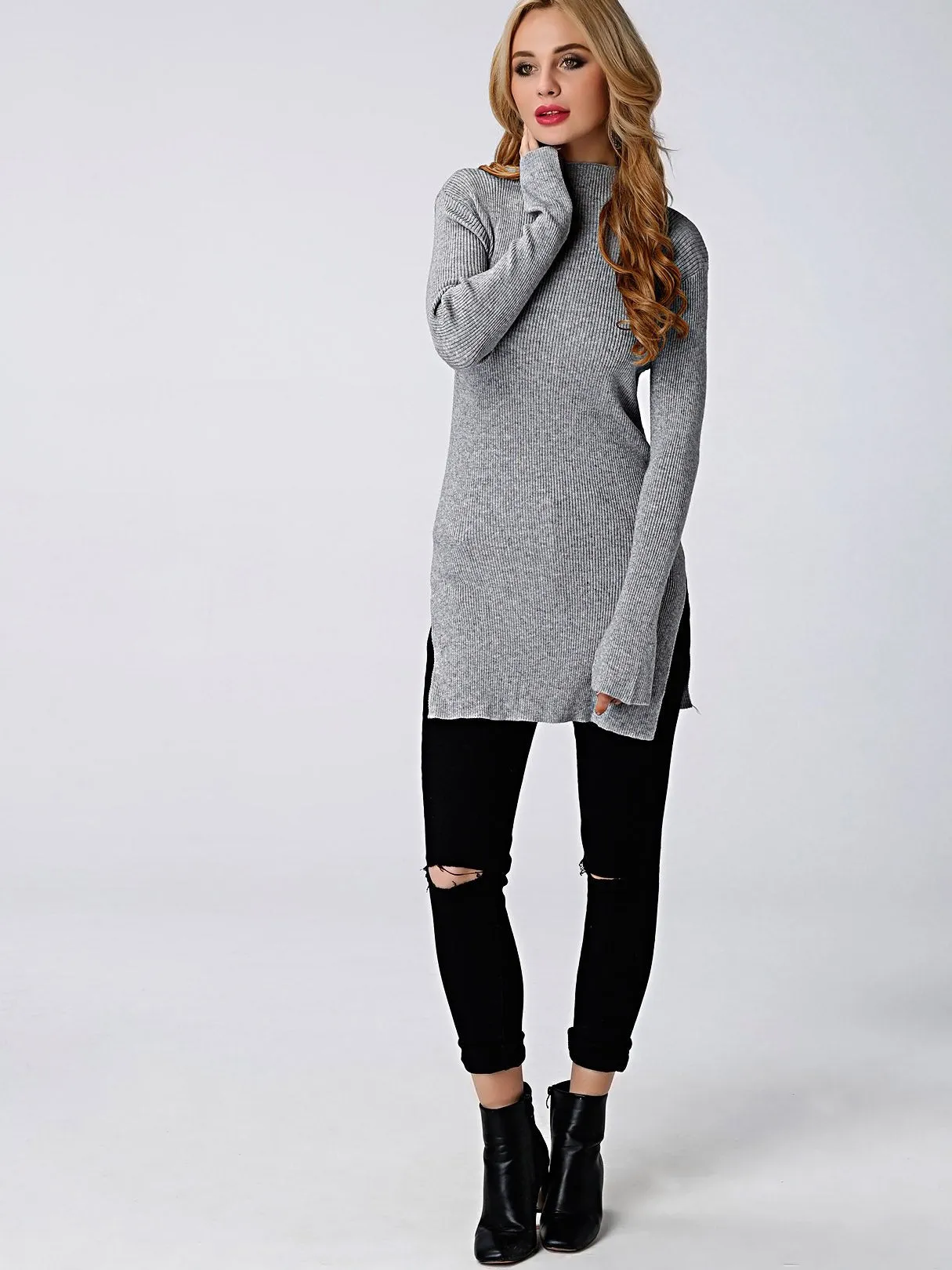 Custom Plain Long Sleeve Slit Hem T-Shirts