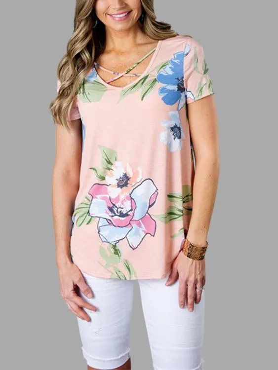 Custom Round Neck Floral Print Crossed Front Short Sleeve T-Shirts