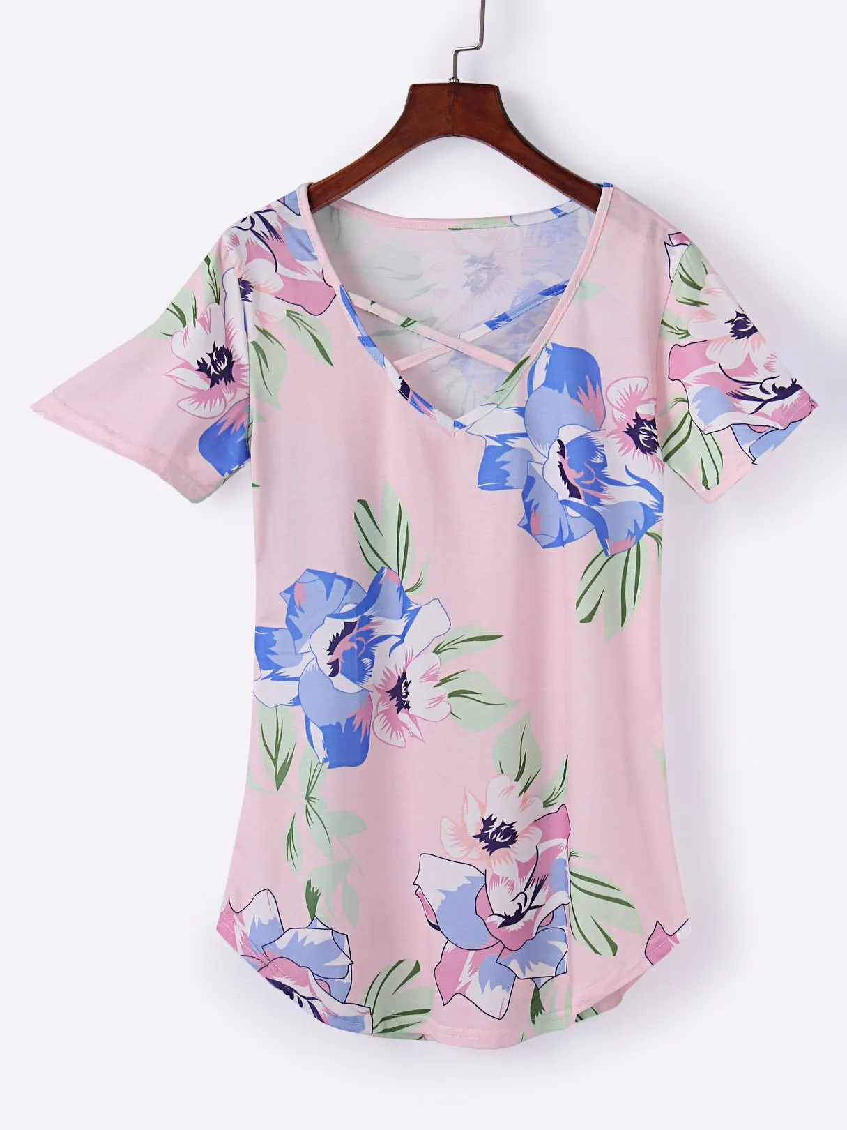 Custom Round Neck Floral Print Crossed Front Short Sleeve T-Shirts