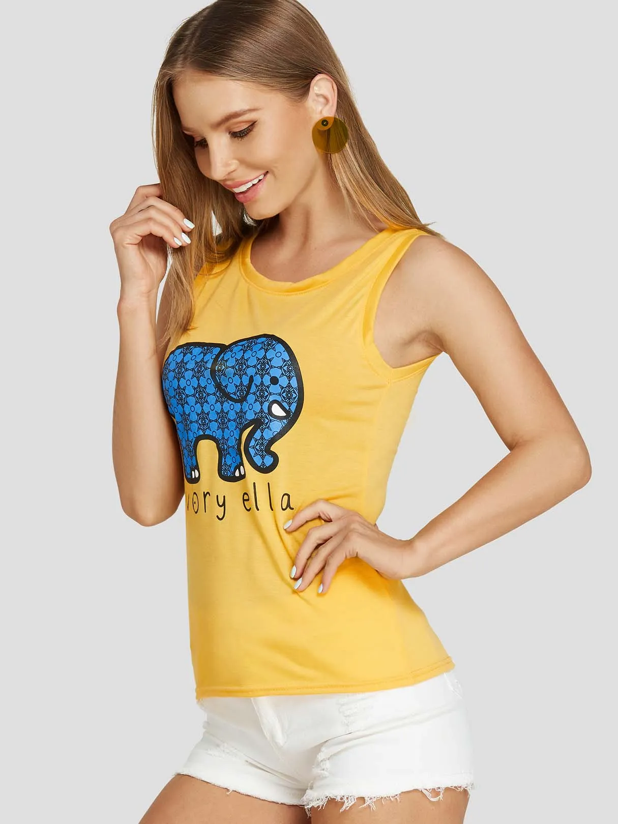 Custom Round Neck Printed Sleeveless Yellow T-Shirts