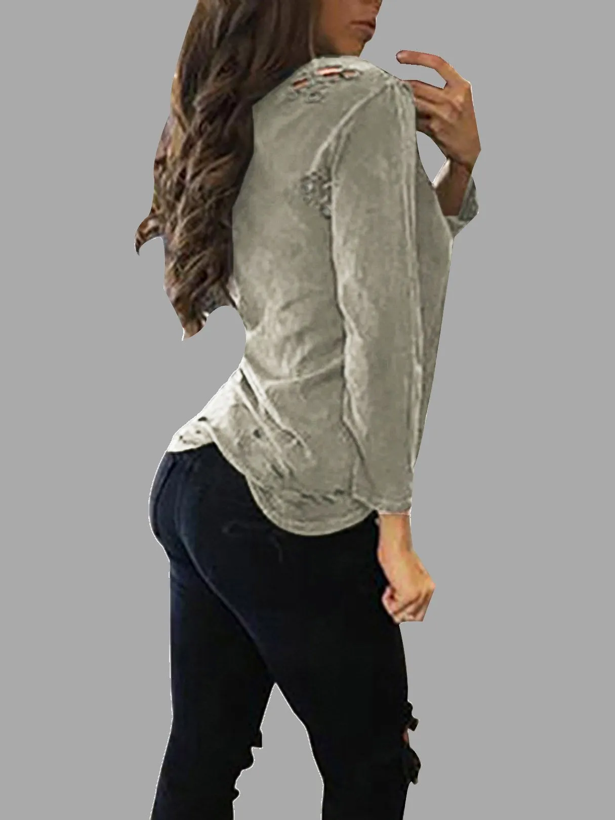 Custom Sexy Round Neck Ripped T-shirt With Long Sleeves