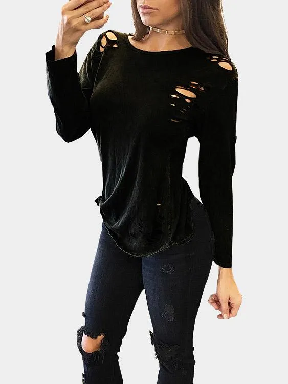Custom Sexy Round Neck Ripped T-shirt With Long Sleeves