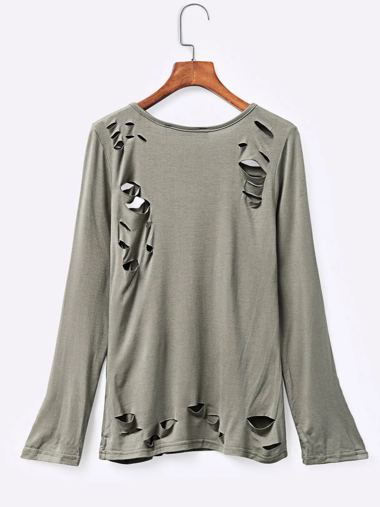 Custom Sexy Round Neck Ripped T-shirt With Long Sleeves