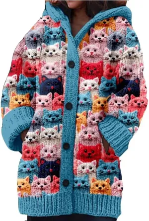 Cute Cat Pattern Knit Hooded Cardigan Cat Sweaters for Women Hooded Cardigan for Women Cat Lover Gift