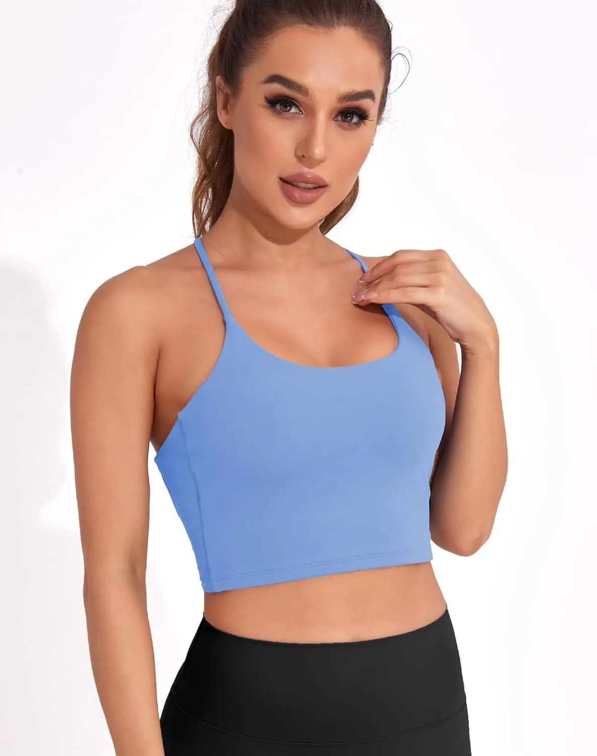 DaiLiWei Strappy Sports Bras for Women High Support Longline Open Back Workout Tops Padded Cross Yoga Crop Tank Built in Bra
