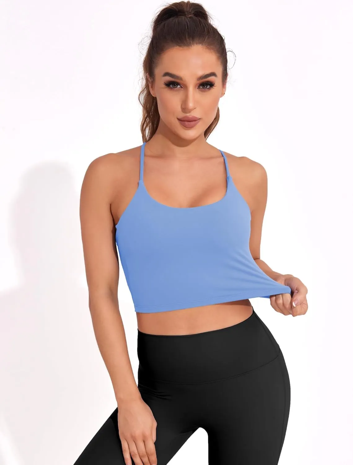 DaiLiWei Strappy Sports Bras for Women High Support Longline Open Back Workout Tops Padded Cross Yoga Crop Tank Built in Bra