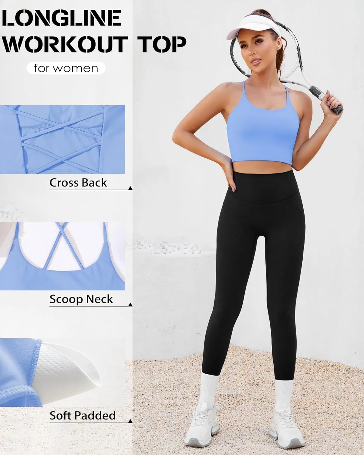 DaiLiWei Strappy Sports Bras for Women High Support Longline Open Back Workout Tops Padded Cross Yoga Crop Tank Built in Bra