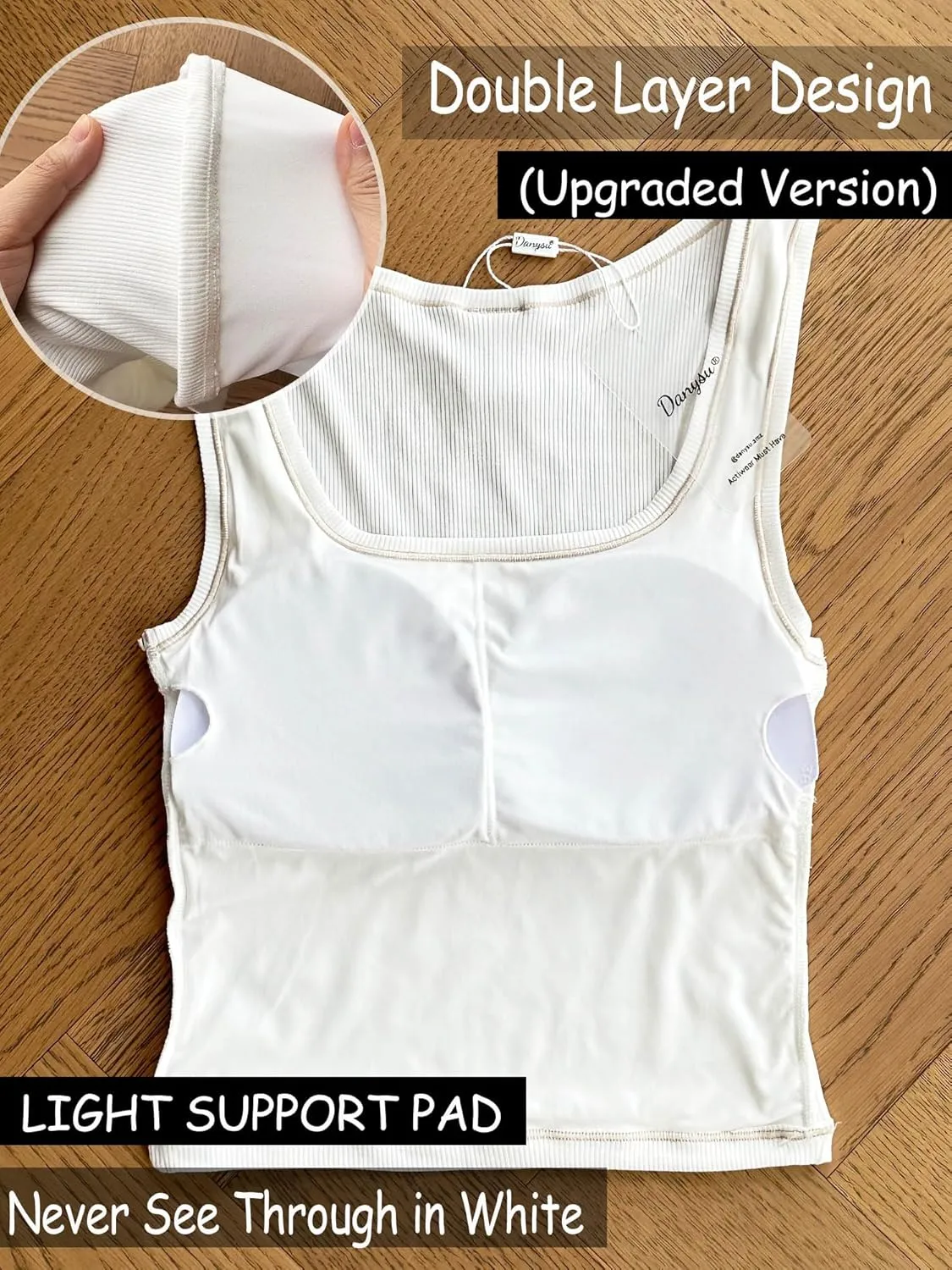 Danysu Women Rib Tank Top Padded Workout Top Square Neck Crop Tank Fitted Basic Cami Tops