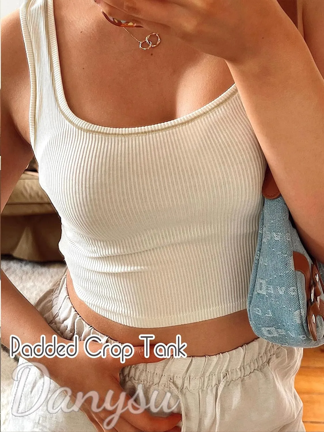 Danysu Women Rib Tank Top Padded Workout Top Square Neck Crop Tank Fitted Basic Cami Tops