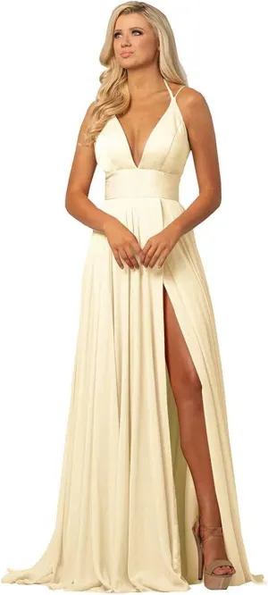 Deep V Neck Prom Maxi Evening Formal Gowns Slit Chiffon Juniors Bridesmaid Dresses for Women