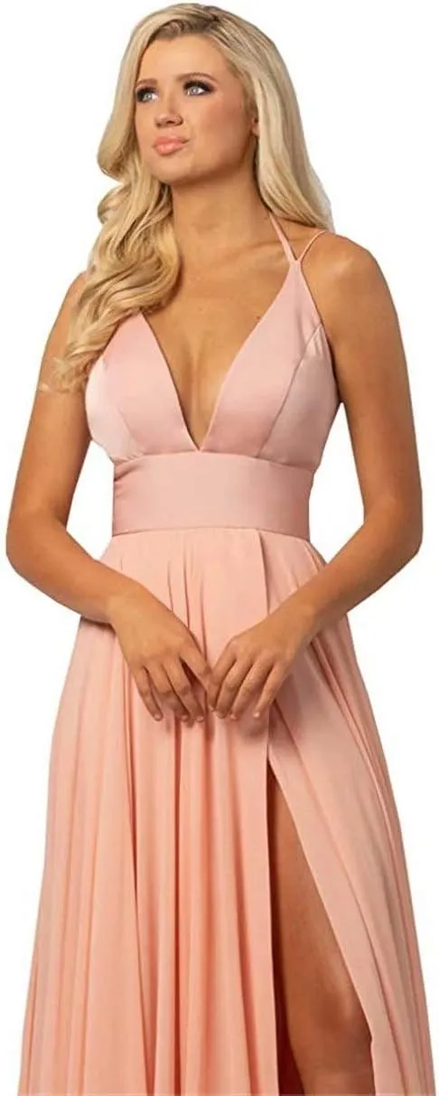 Deep V Neck Prom Maxi Evening Formal Gowns Slit Chiffon Juniors Bridesmaid Dresses for Women